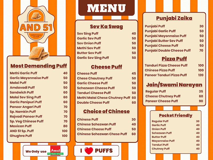 AND 51 Puff Menu — Cheese, Garlic Cheese, Chinese, Paneer, Pizza Puff Ahmedabad